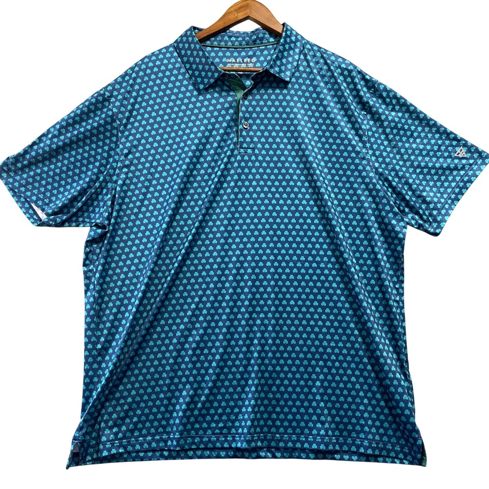 MAELREG Mens Performance Polo 2XL Teal Shamrock Clover Golf Shirt Short Sleeve